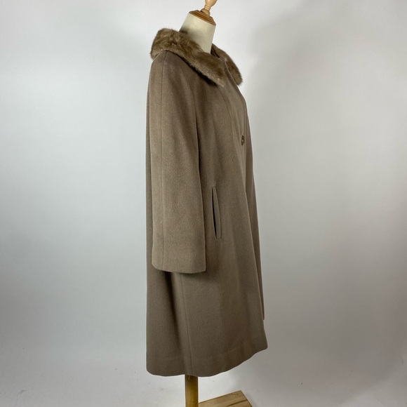 VINTAGE Regal Mode Fur Trim Long Wool Coat Taupe - Picture 5 of 12